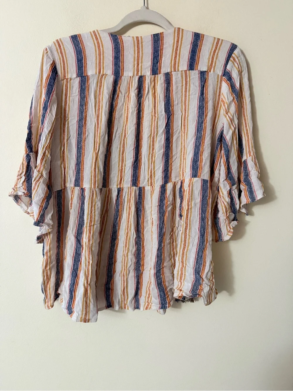 Artesia Striped Embroidered Peasant Blouse in Blue & Tan Stripes, size L